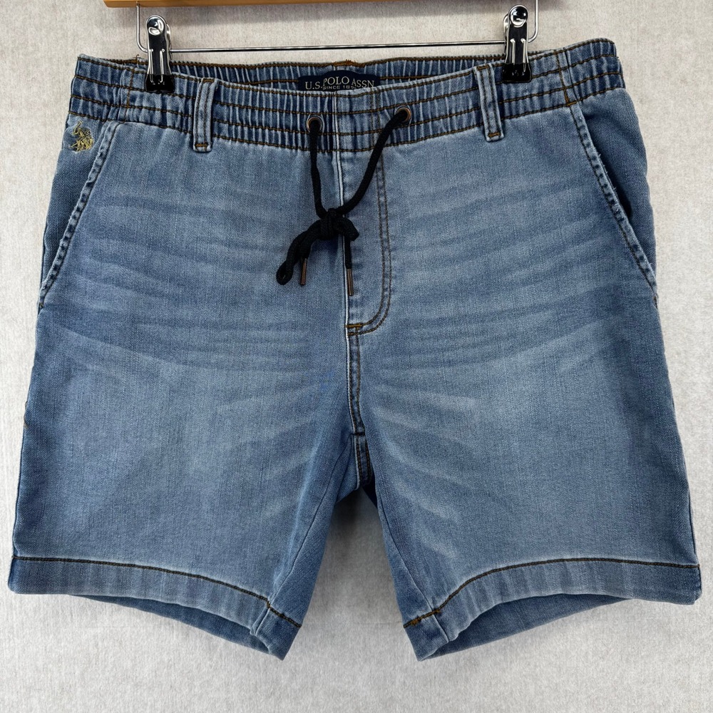 US Polo Assn Mens Denim Jogger Shorts Light Wash Elastic Waist Blue Drawstring
